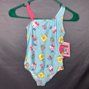 Sanrio Hello Kitty Pompom One Shoulder Cutout Swimsuit Blue Pink Kids NWT 6/6X